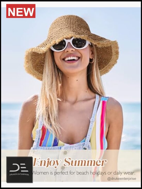 Straw Bucket Hat with Chin Strap, UPF 50+ Packable Sun Hat